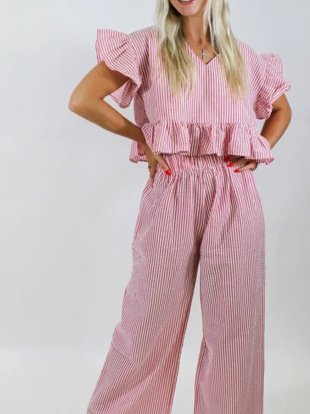 Pink and White Seersucker Striped Matching Set
